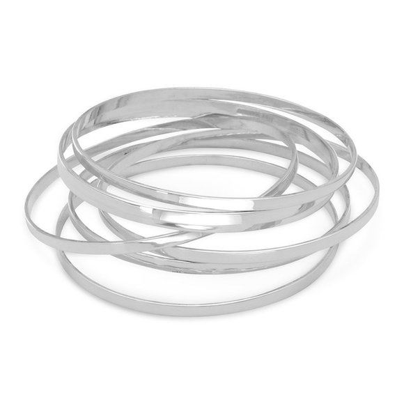 Set of 7 Flat .925 Sterling Silver 8" Bangle Bracelets